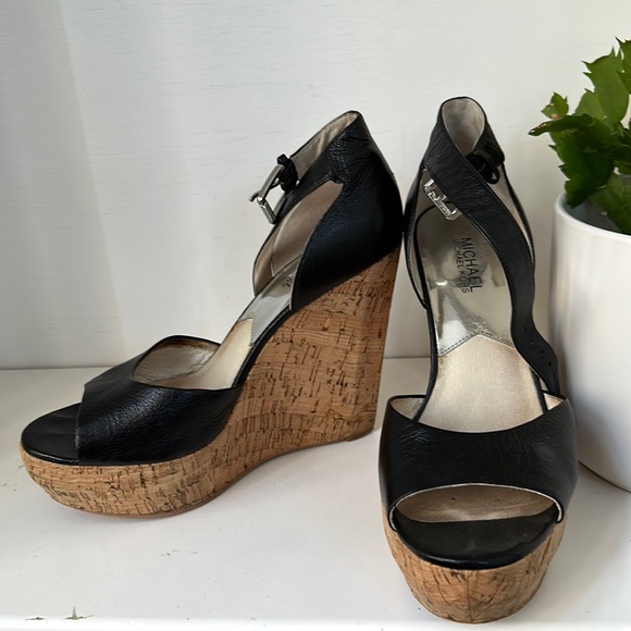 MICHAEL Michael Kors Wedge S9 Black Leather Cork Platform OpenToe AnkleStrap - Picture 1 of 4